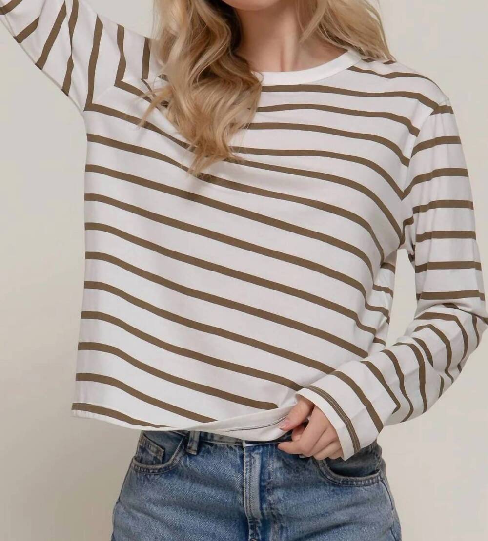 NEW ACTIVE BASIC long sleeve round neck stripe tee in olive and ivory